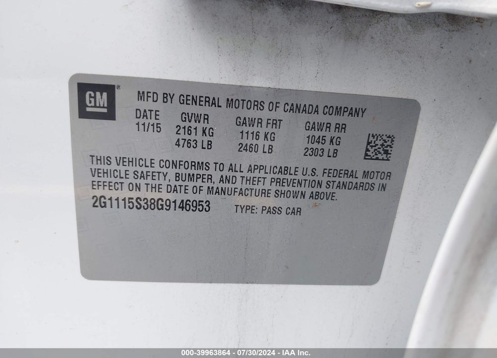 2016 CHEVROLET IMPALA VIN: 2G1115S38G9146953