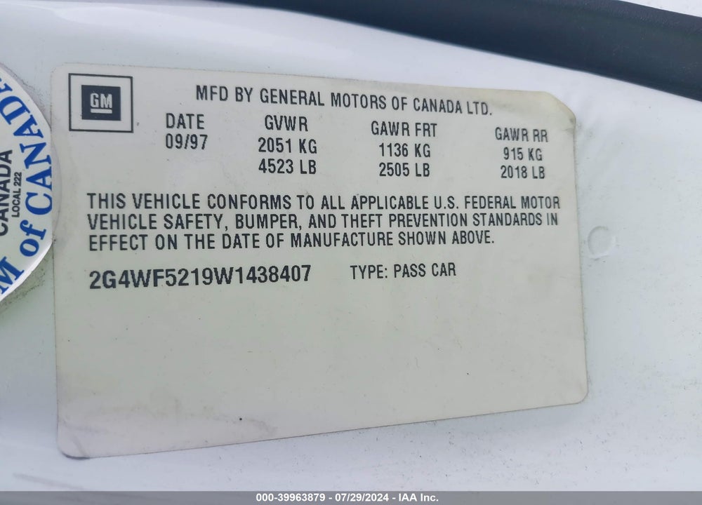 1998 BUICK REGAL GS VIN: 2G4WF5219W1438407