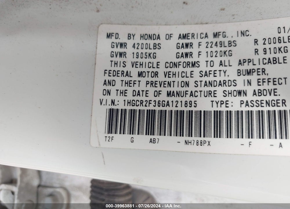 2016 HONDA ACCORD LX VIN: 1HGCR2F36GA121895