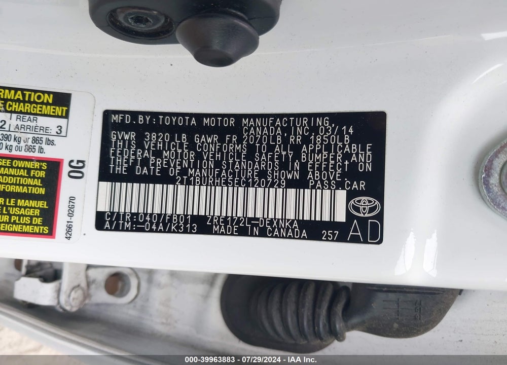 2014 TOYOTA COROLLA LE PLUS VIN: 2T1BURHE5EC120729