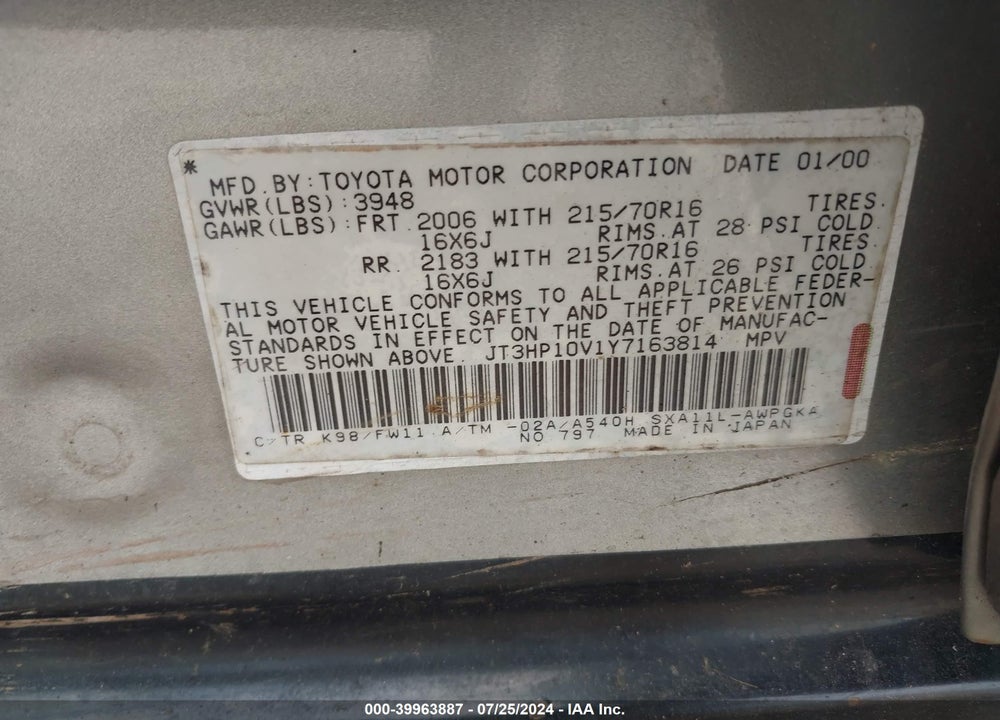 2000 TOYOTA RAV4 VIN: JT3HP10V1Y7163814