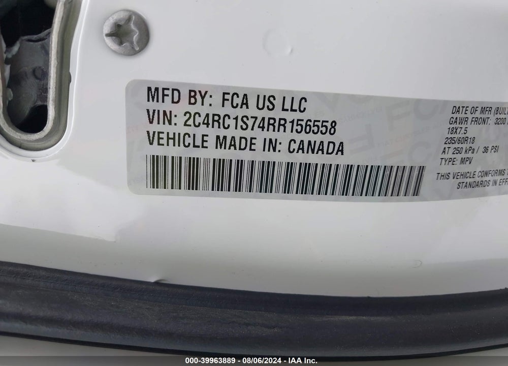 2024 CHRYSLER PACIFICA HYBRID SELECT VIN: 2C4RC1S74RR156558