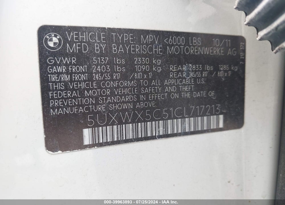 2012 BMW X3 XDRIVE28I VIN: 5UXWX5C51CL717213