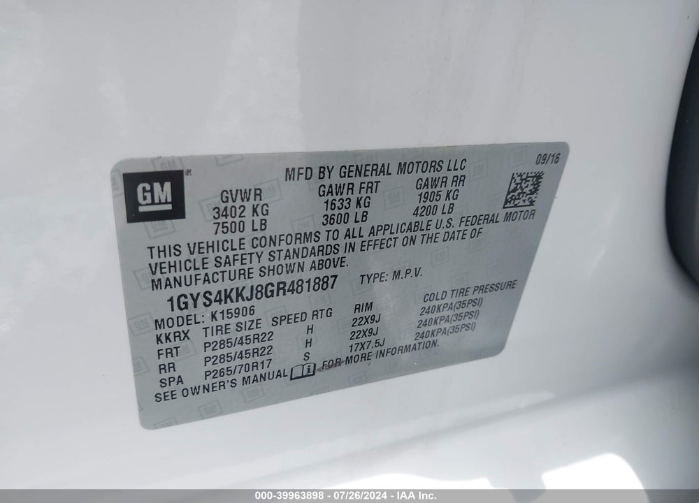 2016 CADILLAC ESCALADE ESV PLATINUM VIN: 1GYS4KKJ8GR481887