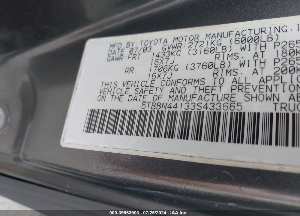 2003 TOYOTA TUNDRA SR5 VIN: 5TBBN44133S433665