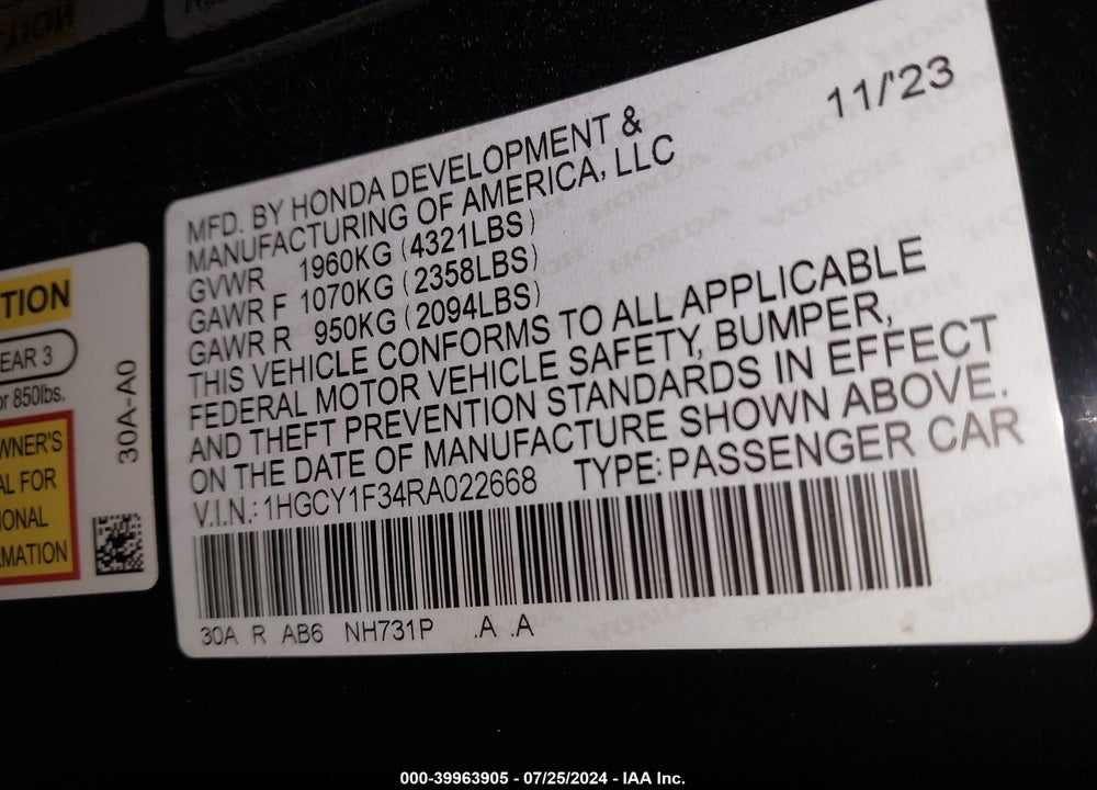 2024 HONDA ACCORD EX VIN: 1HGCY1F34RA022668
