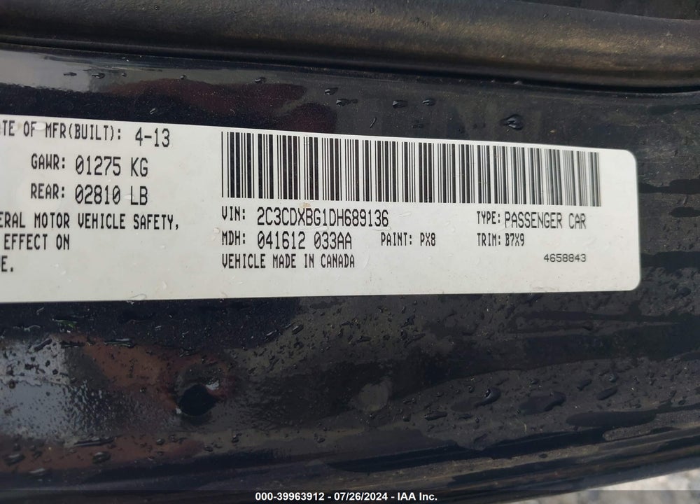 2013 DODGE CHARGER SE VIN: 2C3CDXBG1DH689136