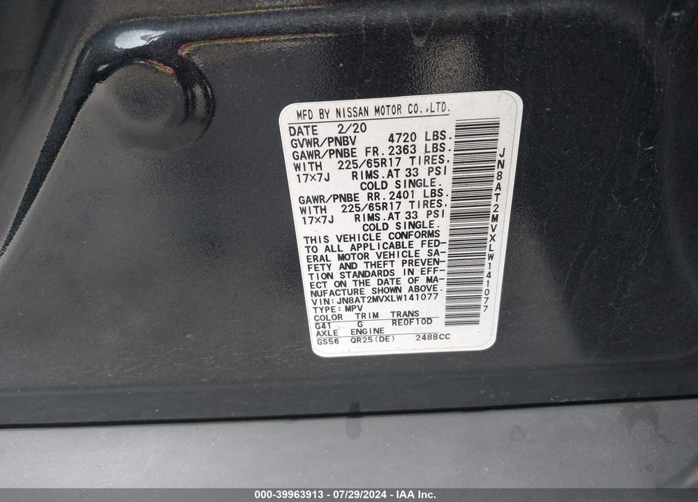 2020 NISSAN ROGUE SV INTELLIGENT AWD VIN: JN8AT2MVXLW141077