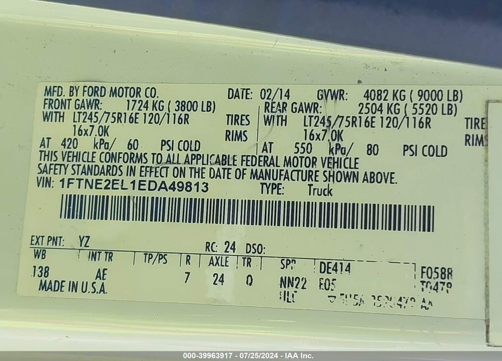2014 FORD E-250 COMMERCIAL VIN: 1FTNE2EL1EDA49813