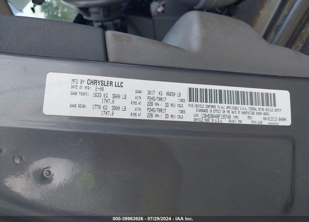2008 DODGE DURANGO VIN: 1D8HB38N48F135748