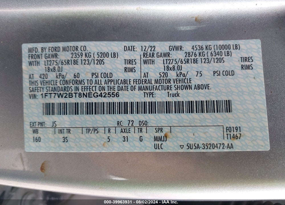 2022 FORD F-250 XLT VIN: 1FT7W2BT8NEG42556