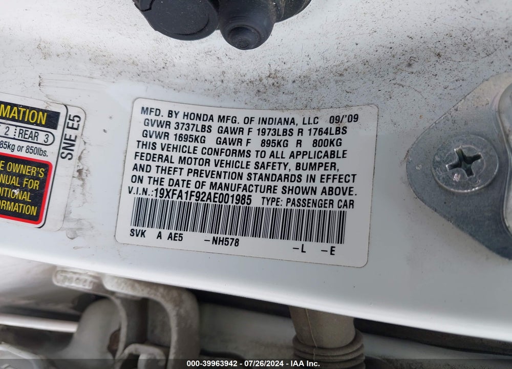 2010 HONDA CIVIC EX-L VIN: 19XFA1F92AE001985