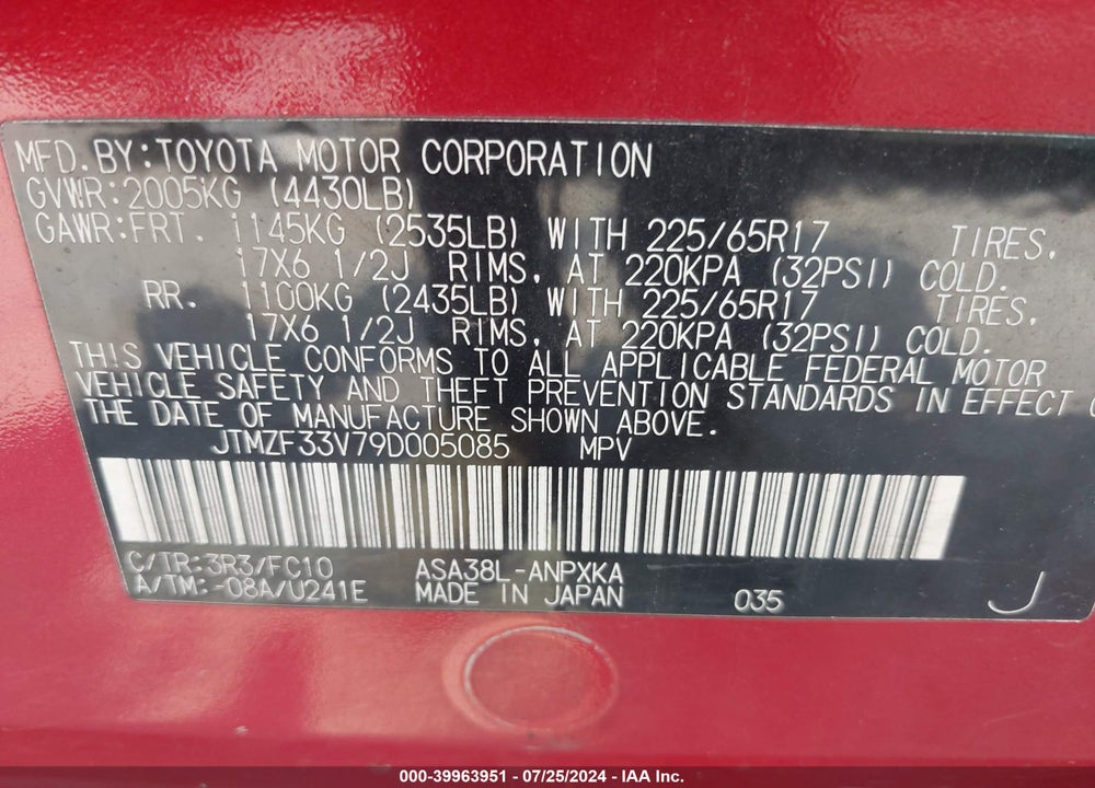 2009 TOYOTA RAV4 VIN: JTMZF33V79D005085