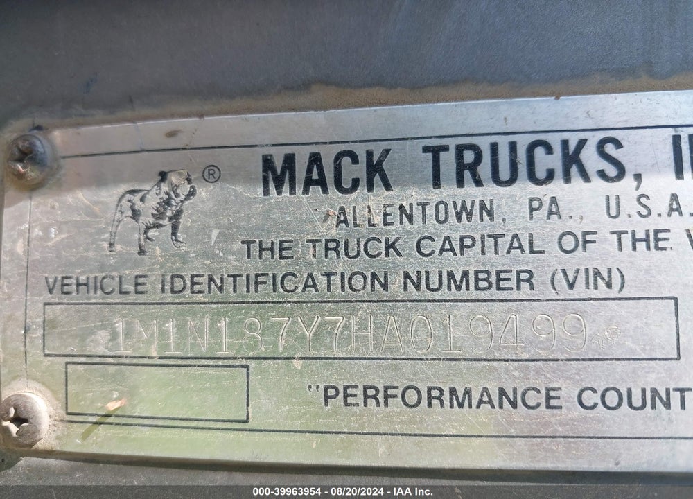 1987 MACK 600 R600 VIN: 1M1N187Y7HA019499