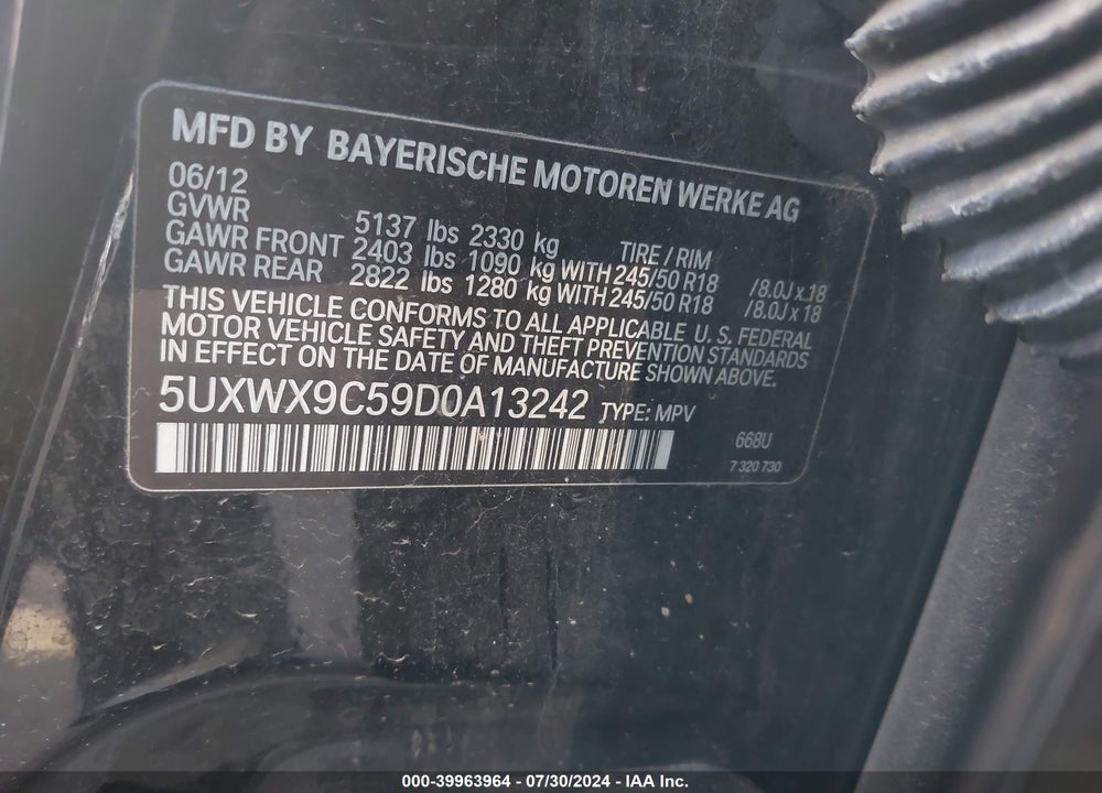 2013 BMW X3 XDRIVE28I VIN: 5UXWX9C59D0A13242