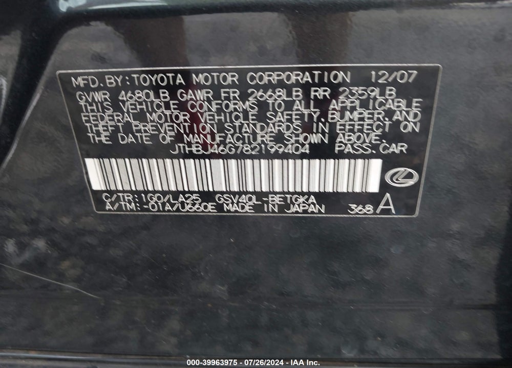 2008 LEXUS ES 350 VIN: JTHBJ46G782199404