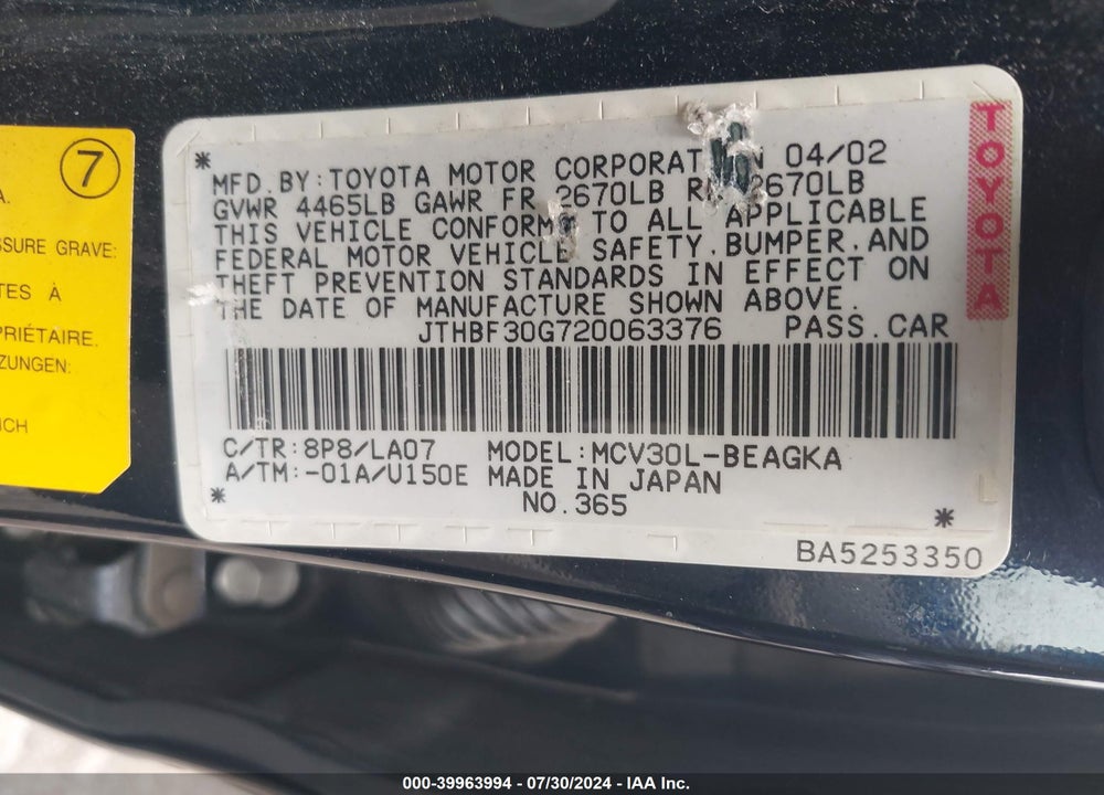2002 LEXUS ES 300 VIN: JTHBF30G720063376