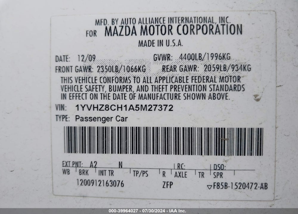 2010 MAZDA 6 I GRAND TOURING/I TOURING/I TOURING PLUS VIN: 1YVHZ8CH1A5M27372