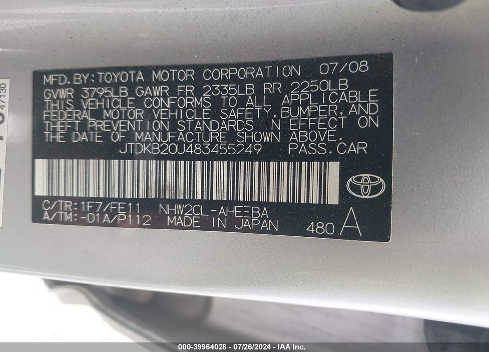 2008 TOYOTA PRIUS VIN: JTDKB20U483455249