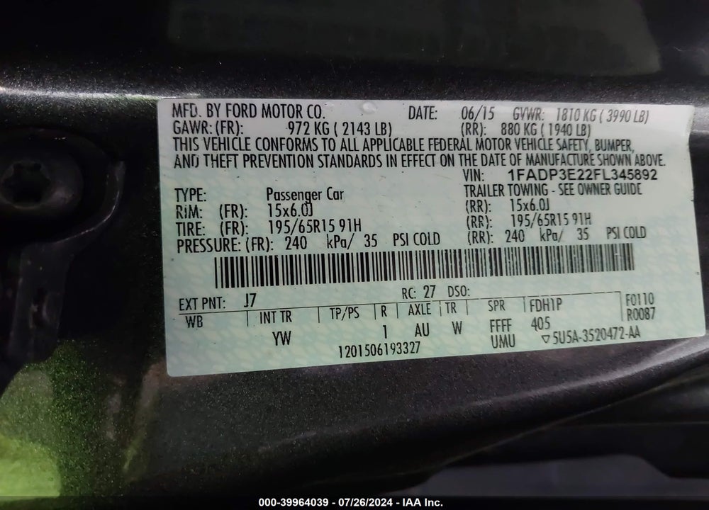 2015 FORD FOCUS S VIN: 1FADP3E22FL345892