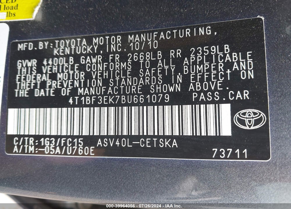 2011 TOYOTA CAMRY SE VIN: 4T1BF3EK7BU661079