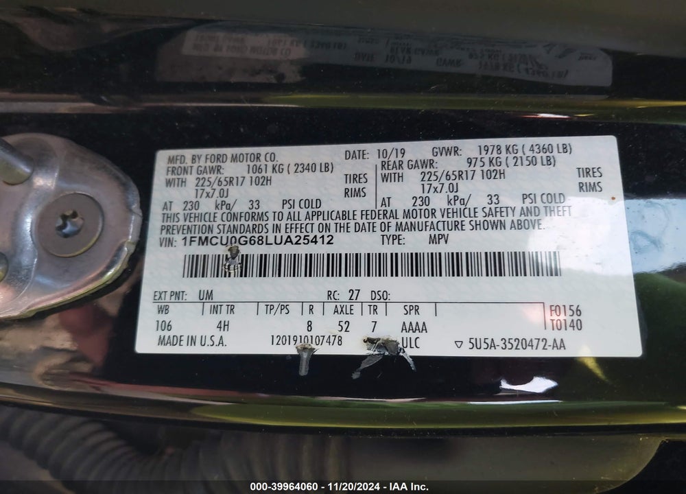 2020 FORD ESCAPE VIN: 1FMCU0G68LUA25412