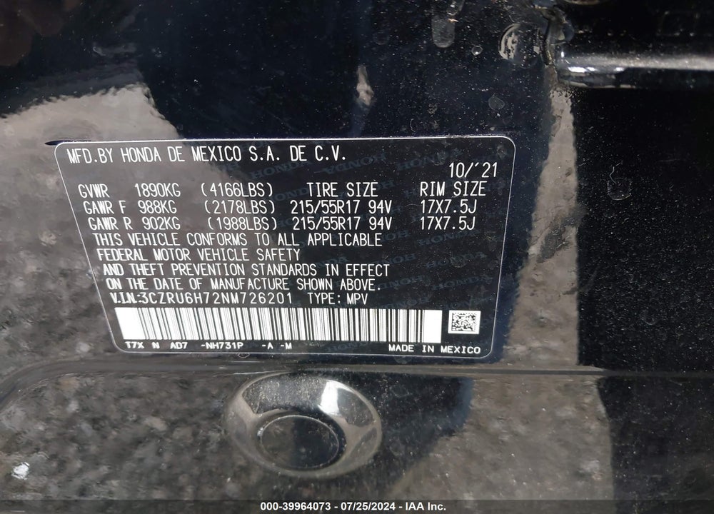 2022 HONDA HR-V AWD EX-L VIN: 3CZRU6H72NM726201