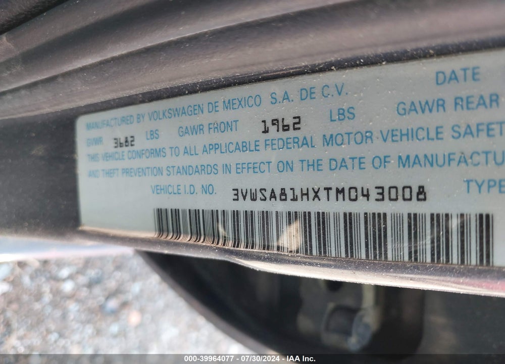1996 VOLKSWAGEN JETTA GLS VIN: 3VWSA81HXTM043008
