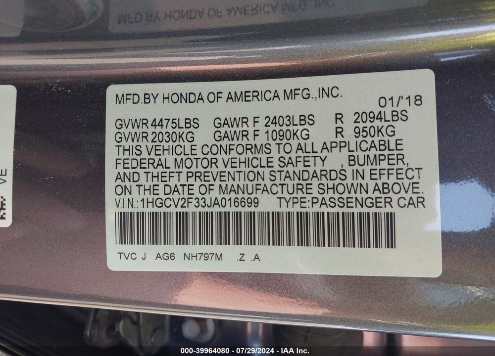 2018 HONDA ACCORD SPORT 2.0T VIN: 1HGCV2F33JA016699
