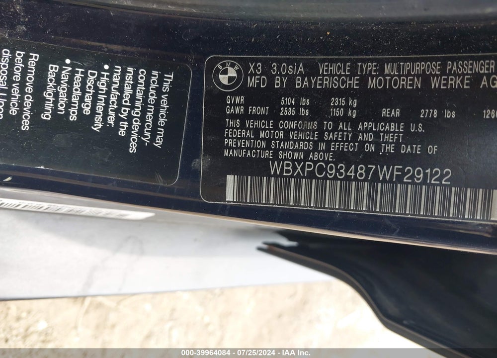2007 BMW X3 3.0SI VIN: WBXPC93487WF29122