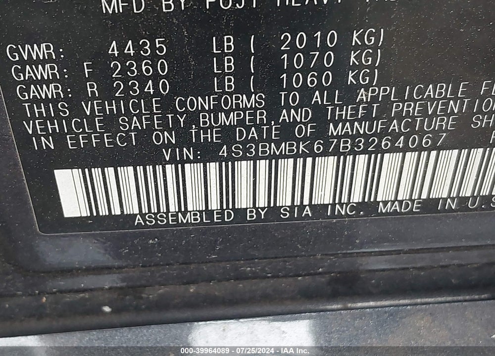 2011 SUBARU LEGACY 2.5I LIMITED VIN: 4S3BMBK67B3264067