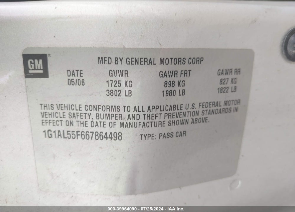 2006 CHEVROLET COBALT LT VIN: 1G1AL55F667864498