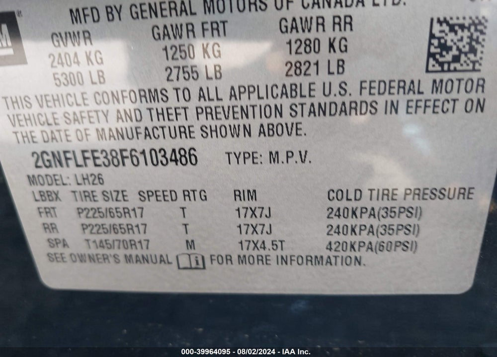 2015 CHEVROLET EQUINOX 1LT VIN: 2GNFLFE38F6103486
