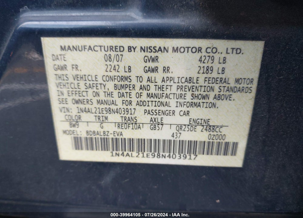 2008 NISSAN ALTIMA VIN: 1N4AL21E98N403917