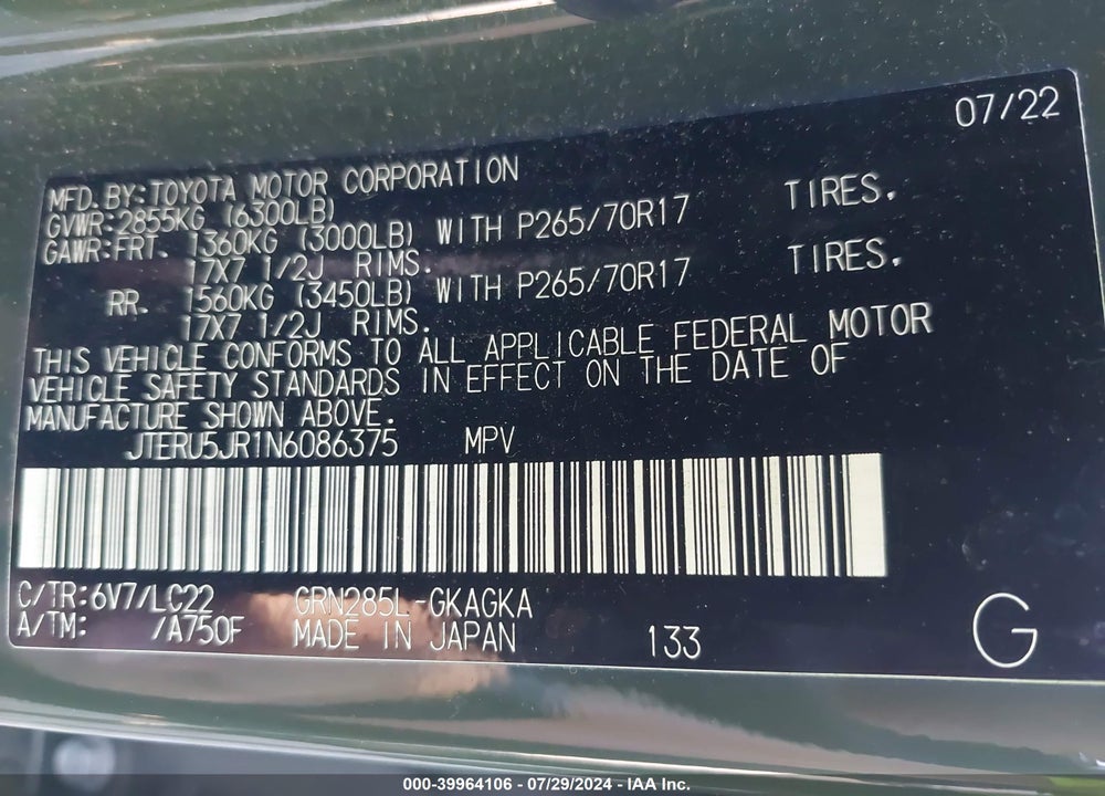 2022 TOYOTA 4RUNNER TRD OFF ROAD PREMIUM VIN: JTERU5JR1N6086375