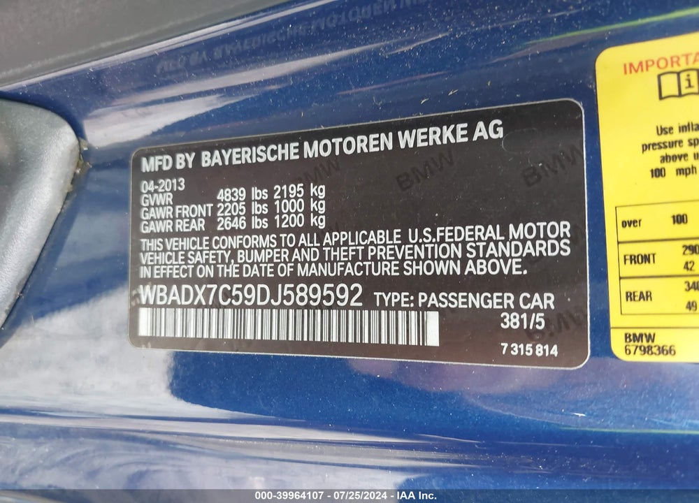 2013 BMW 335I VIN: WBADX7C59DJ589592