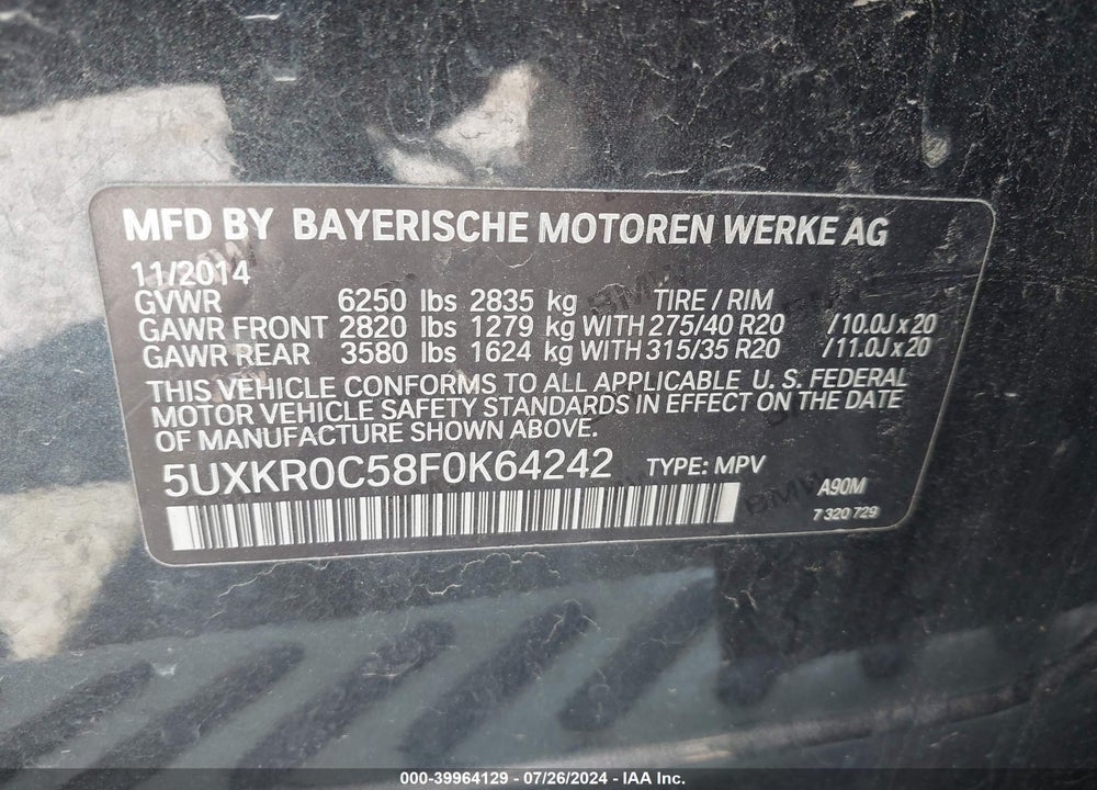 2015 BMW X5 XDRIVE35I VIN: 5UXKR0C58F0K64242