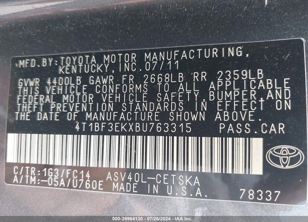 2011 TOYOTA CAMRY SE VIN: 4T1BF3EKXBU763315