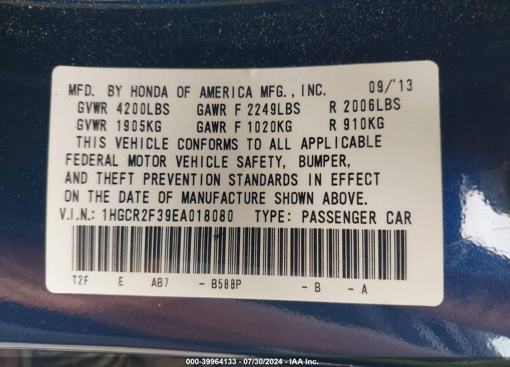 2014 HONDA ACCORD LX VIN: 1HGCR2F39EA018080