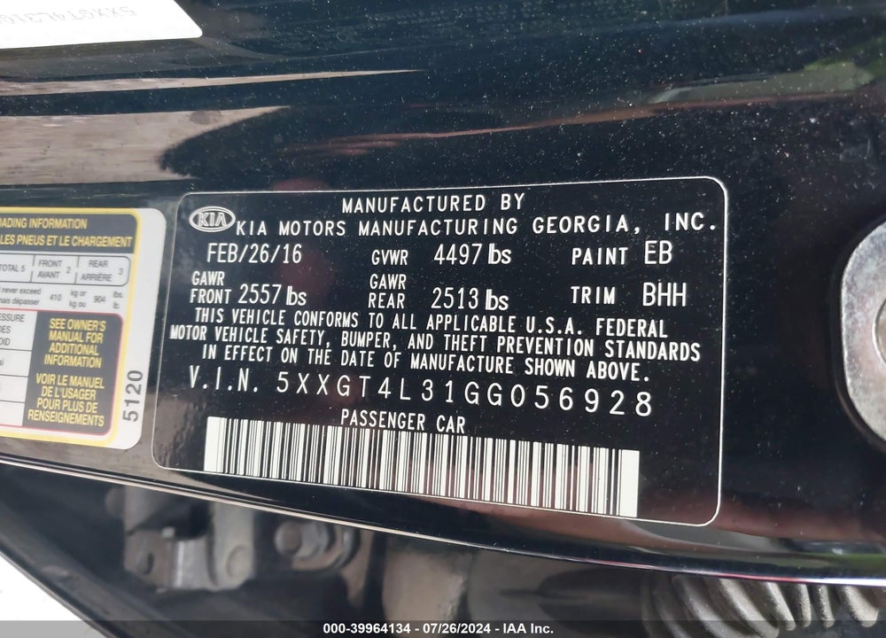 2016 KIA OPTIMA LX VIN: 5XXGT4L31GG056928
