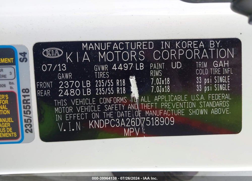 2013 KIA SPORTAGE EX VIN: KNDPC3A26D7518909