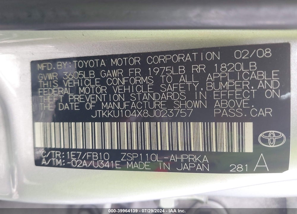 2008 SCION XD VIN: JTKKU104X8J023757
