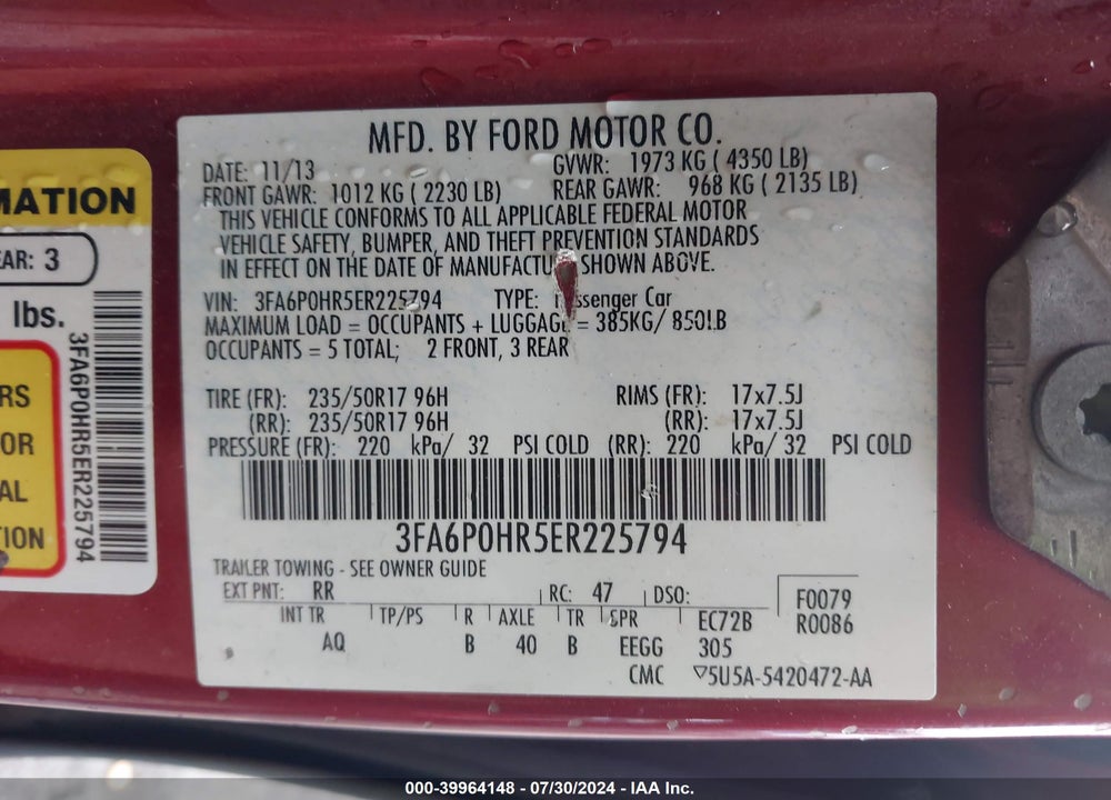 2014 FORD FUSION SE VIN: 3FA6P0HR5ER225794