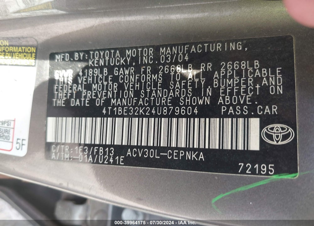 2004 TOYOTA CAMRY LE/SE/STD/XLE VIN: 4T1BE32K24U879604