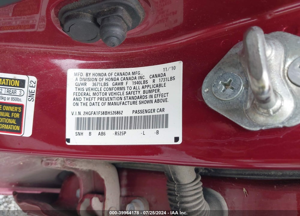 2011 HONDA CIVIC LX VIN: 2HGFA1F58BH526862