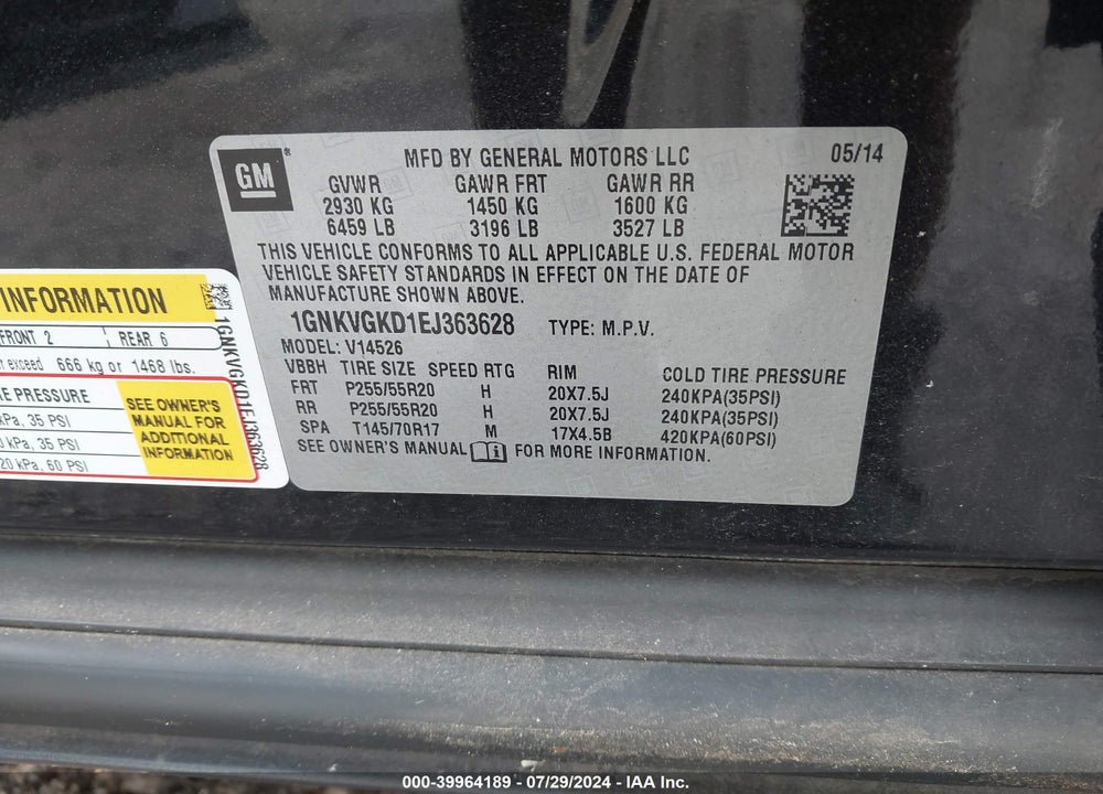 2014 CHEVROLET TRAVERSE 1LT VIN: 1GNKVGKD1EJ363628