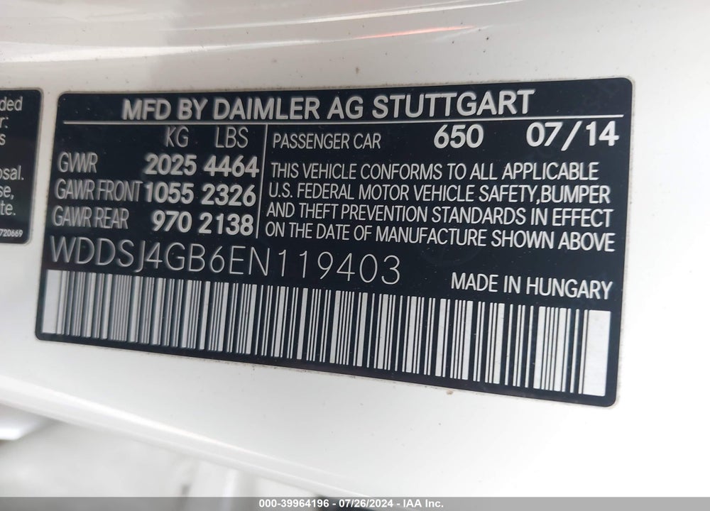 2014 MERCEDES-BENZ CLA 250 4MATIC VIN: WDDSJ4GB6EN119403