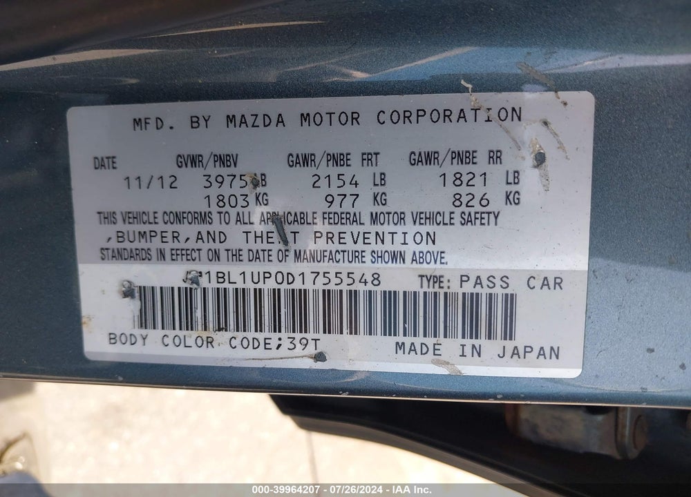 2013 MAZDA 3 I SPORT VIN: JM1BL1UP0D1755548