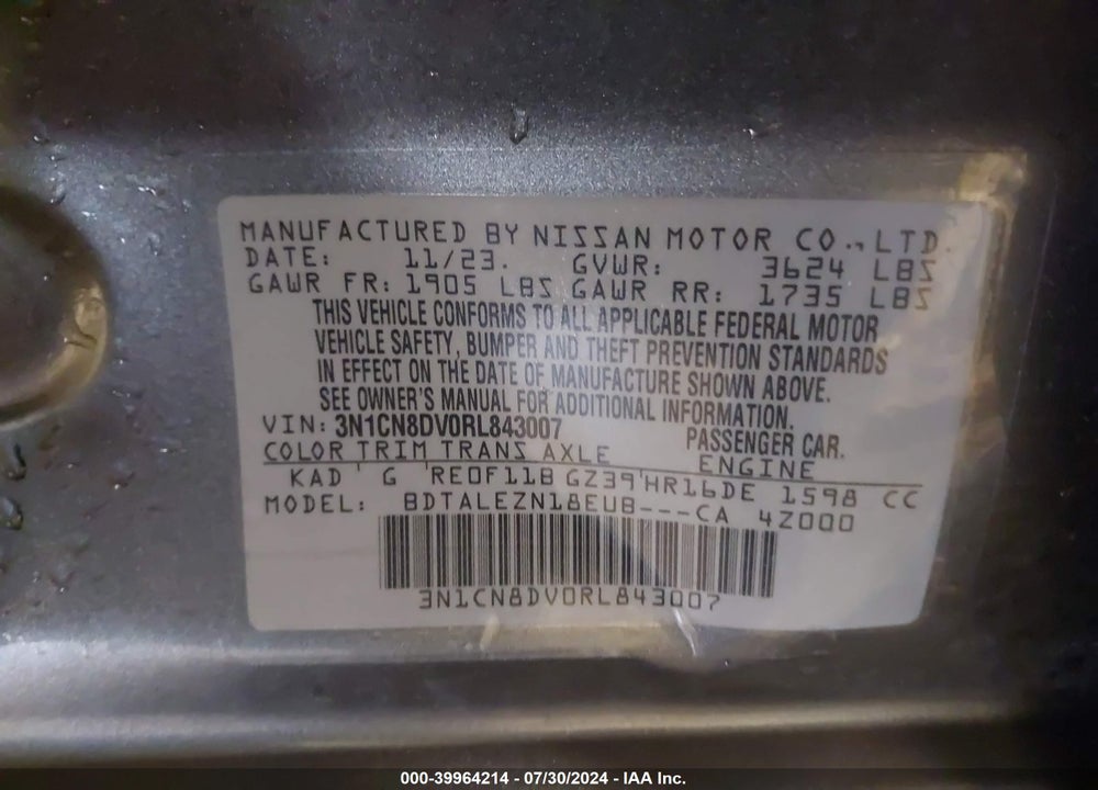 2024 NISSAN VERSA 1.6 S+ VIN: 3N1CN8DV0RL843007