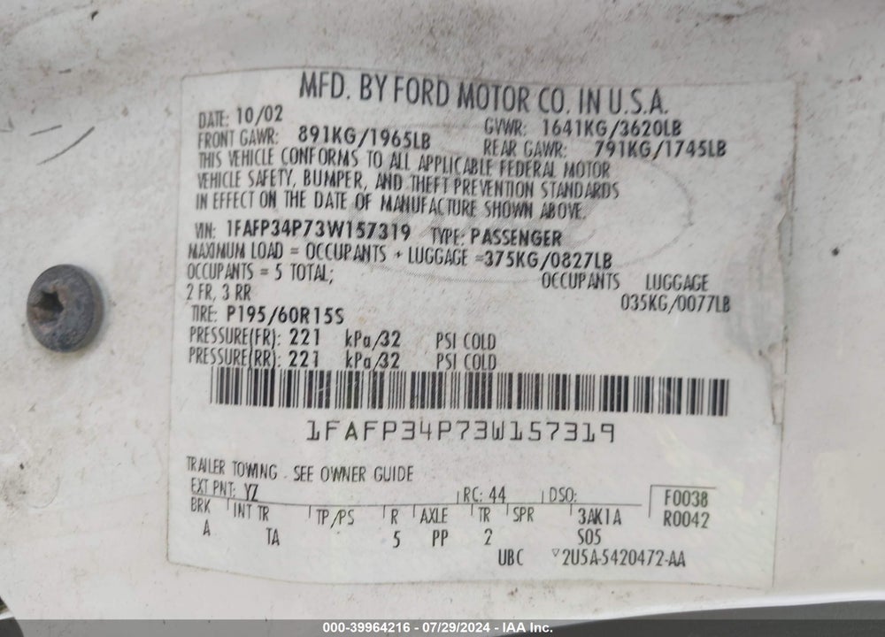 2003 FORD FOCUS VIN: 1FAFP34P73W157319